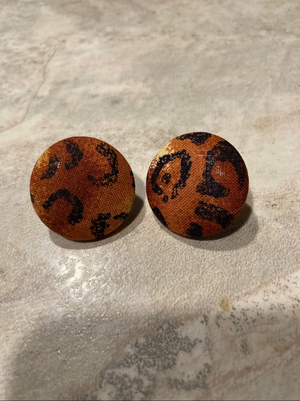 Vintage Button Earrings Post pierced Leopard Print fabric 1” diameter